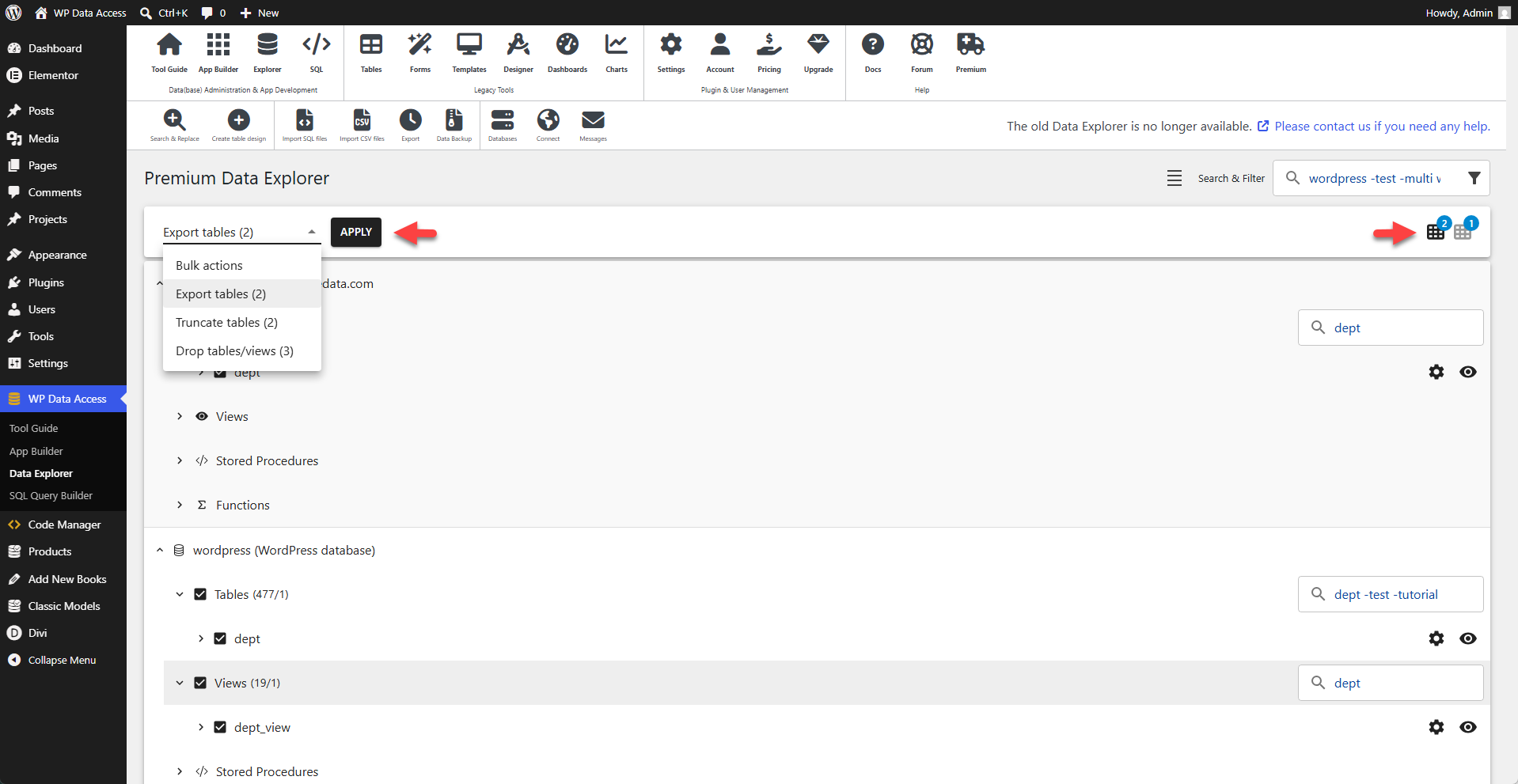 WP Data Access - Data Explorer - Bulk Actions