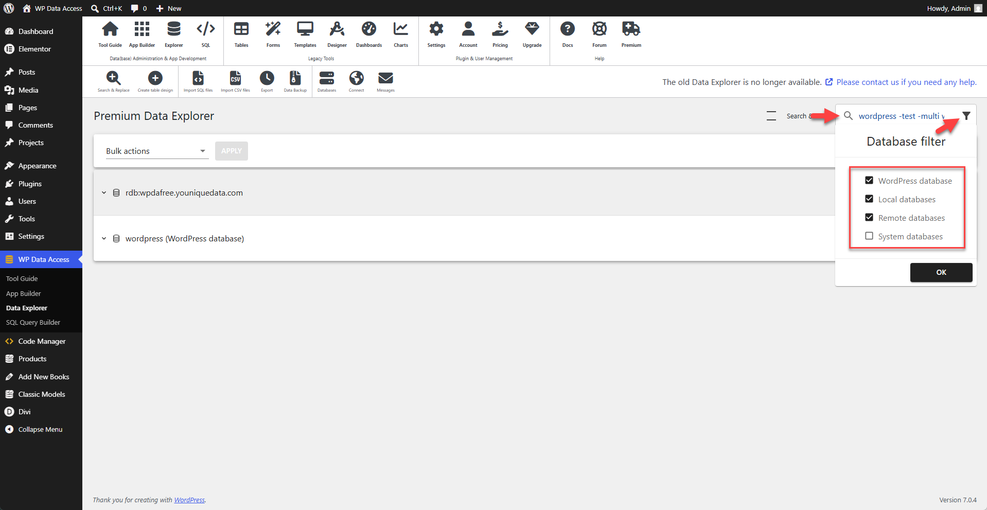 WP Data Access - Data Explorer - Database Filter
