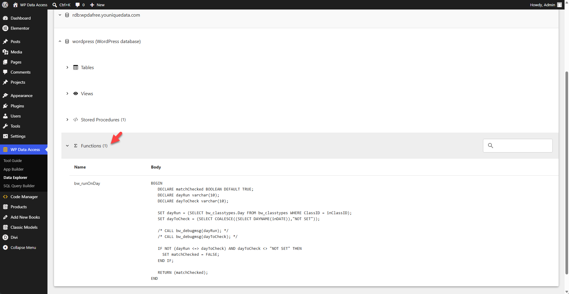 WP Data Access - Data Explorer - Functions View