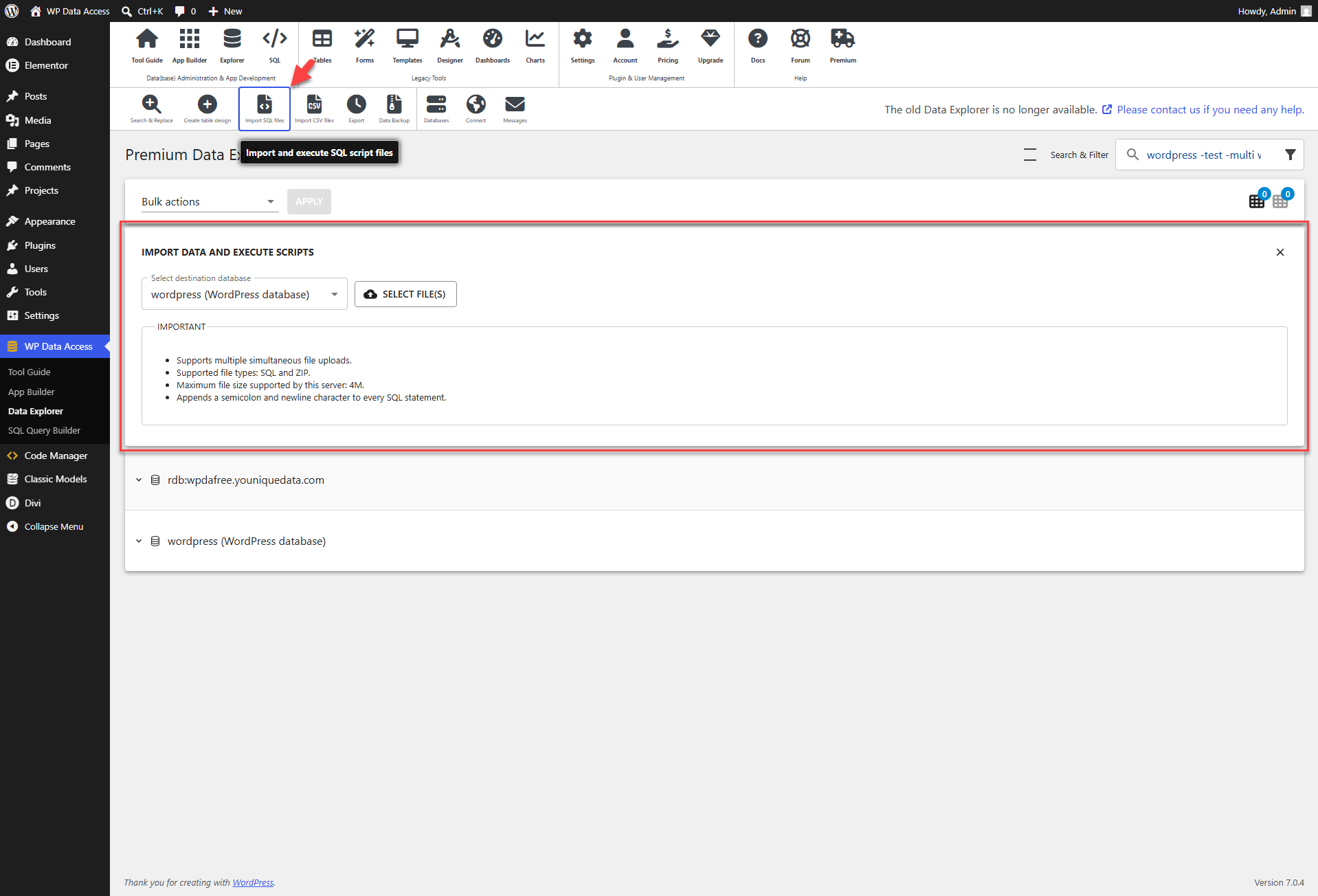WP Data Access - Data Explorer - Table Manager - Import SQL Files