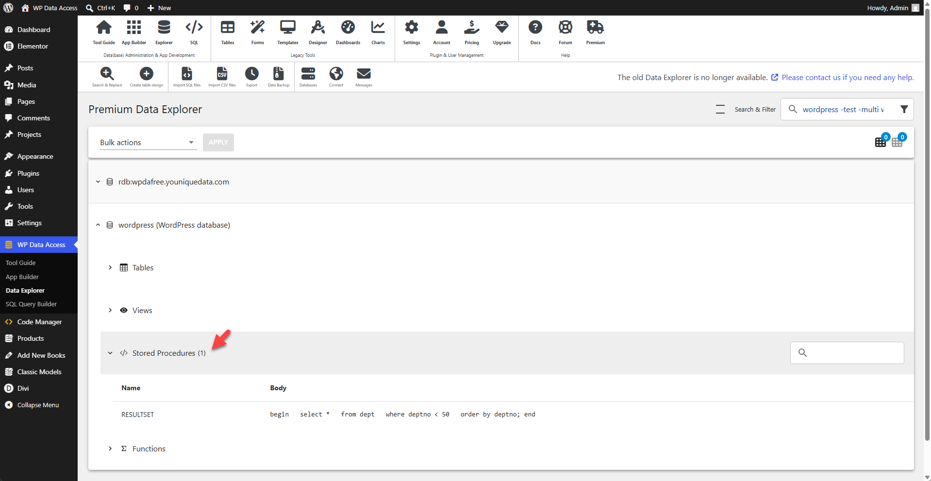 WP Data Access - Data Explorer - Stored Procedures View