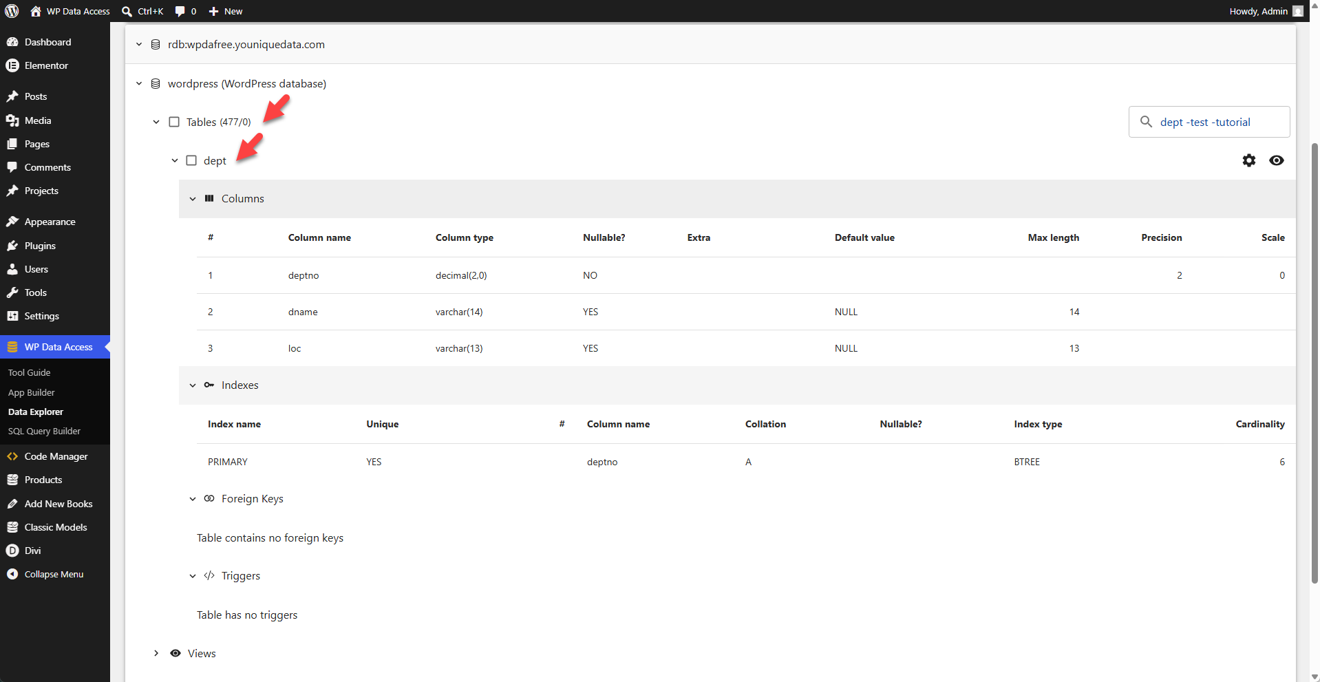 WP Data Access - Data Explorer - Tables View