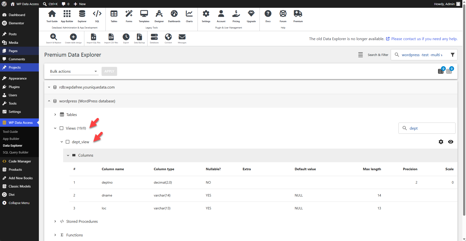 WP Data Access - Data Explorer - Views View