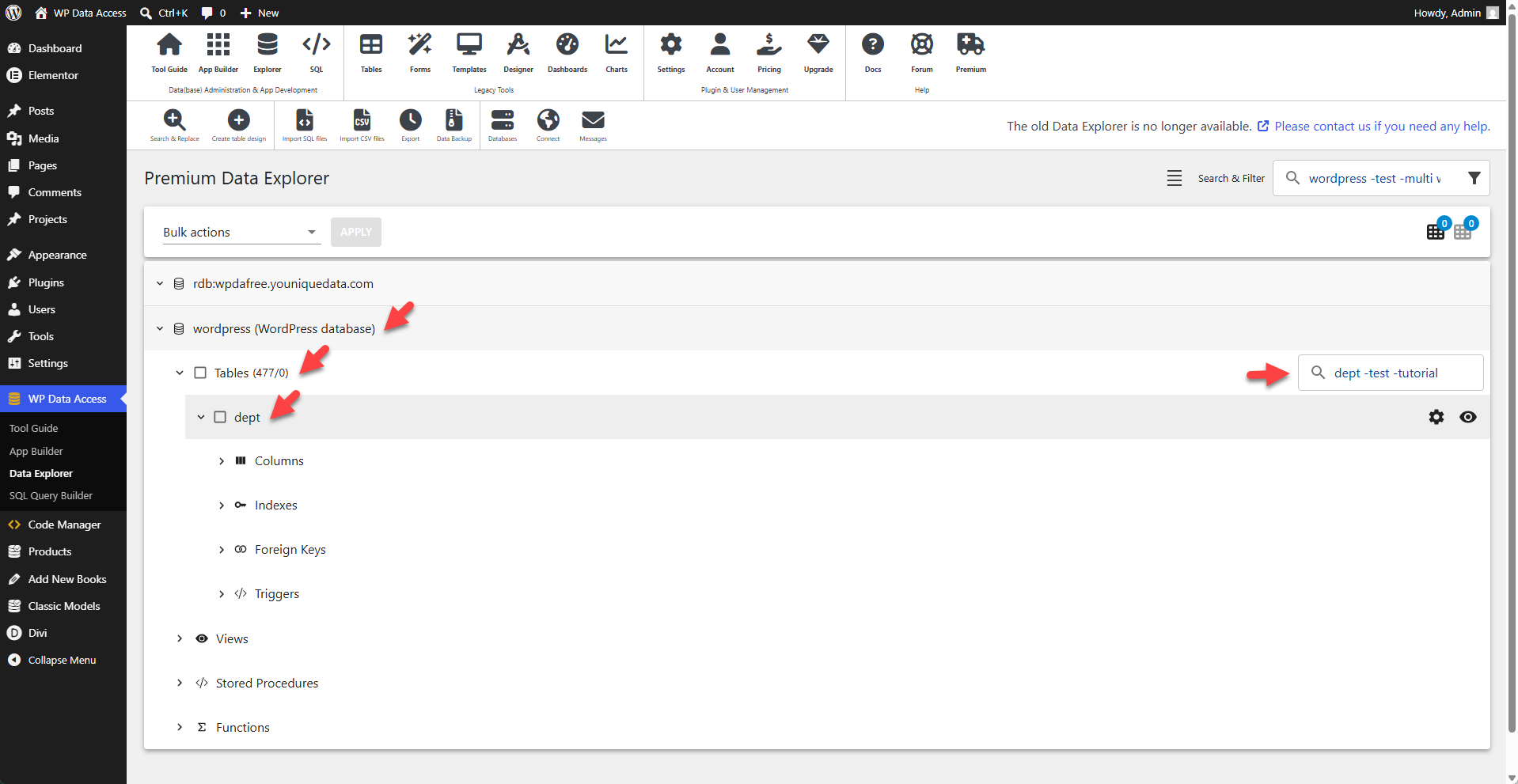 WP Data Access - Data Explorer - Navigating Through Databases