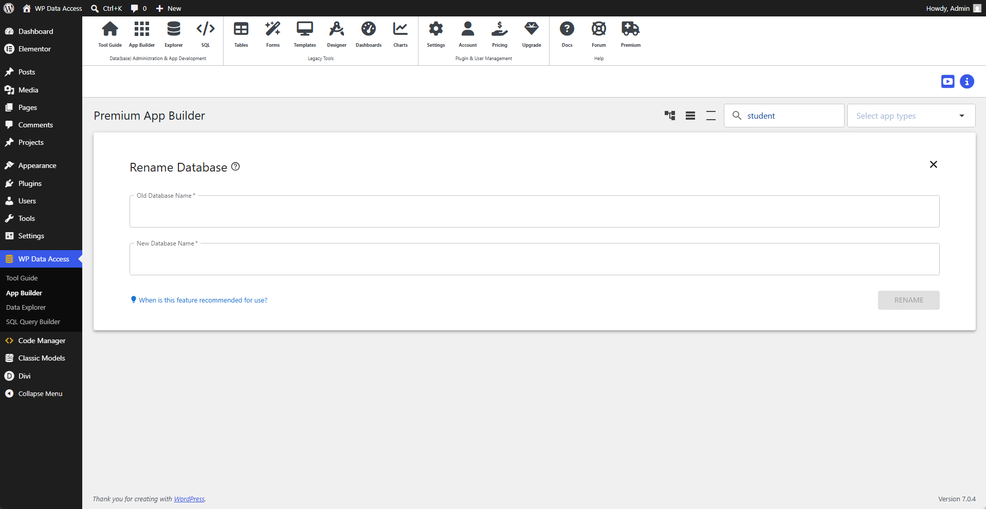 WP Data Access - Data Explorer - Rename Database