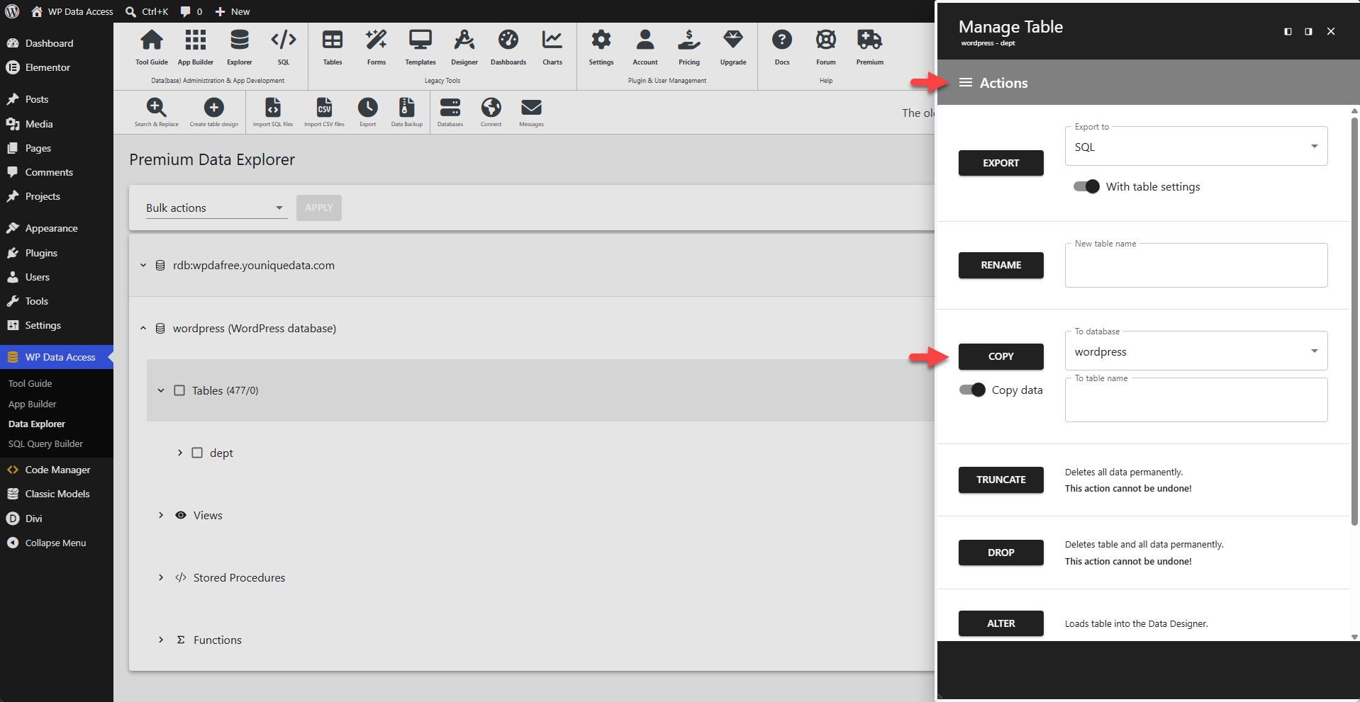 WP Data Access - Data Explorer - Copy Table