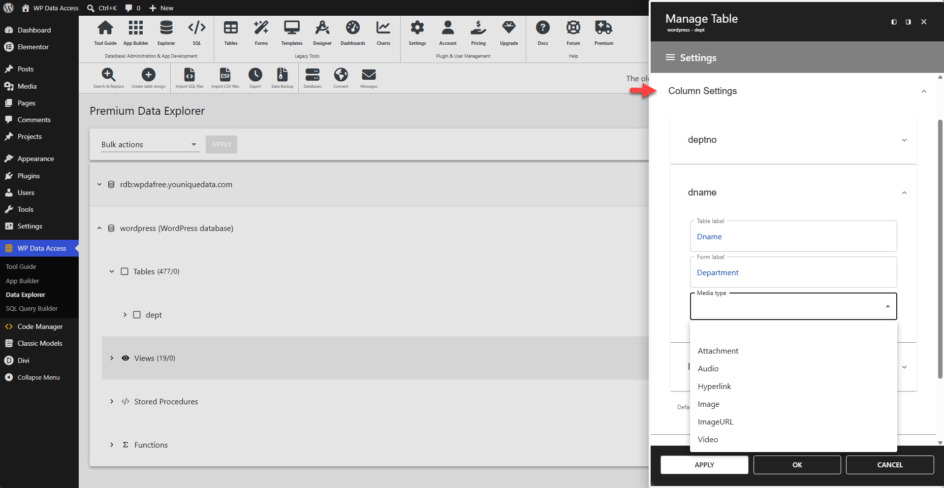 WP Data Access - Data Explorer - Table Manager - Column Settings