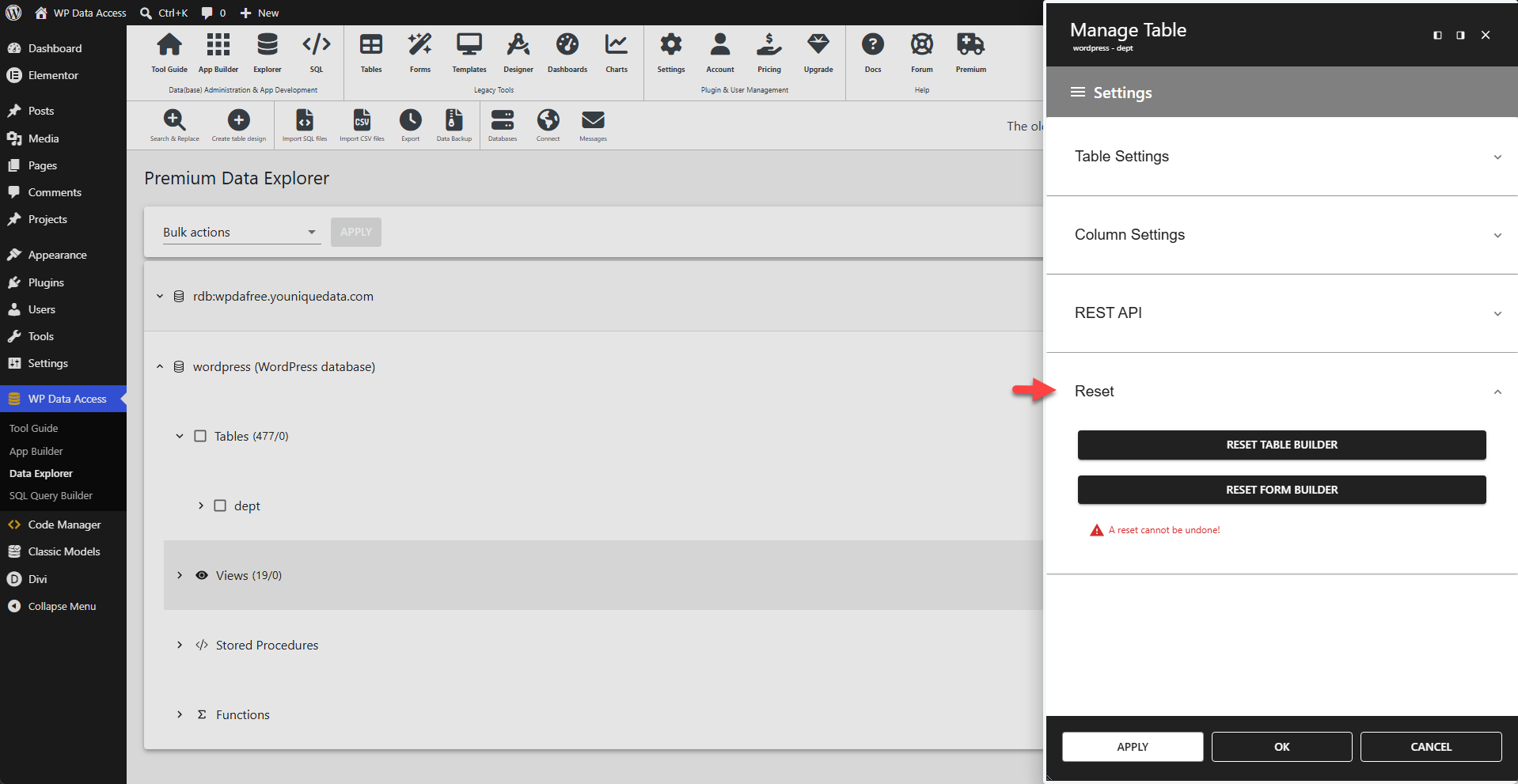 WP Data Access - Data Explorer - Reset