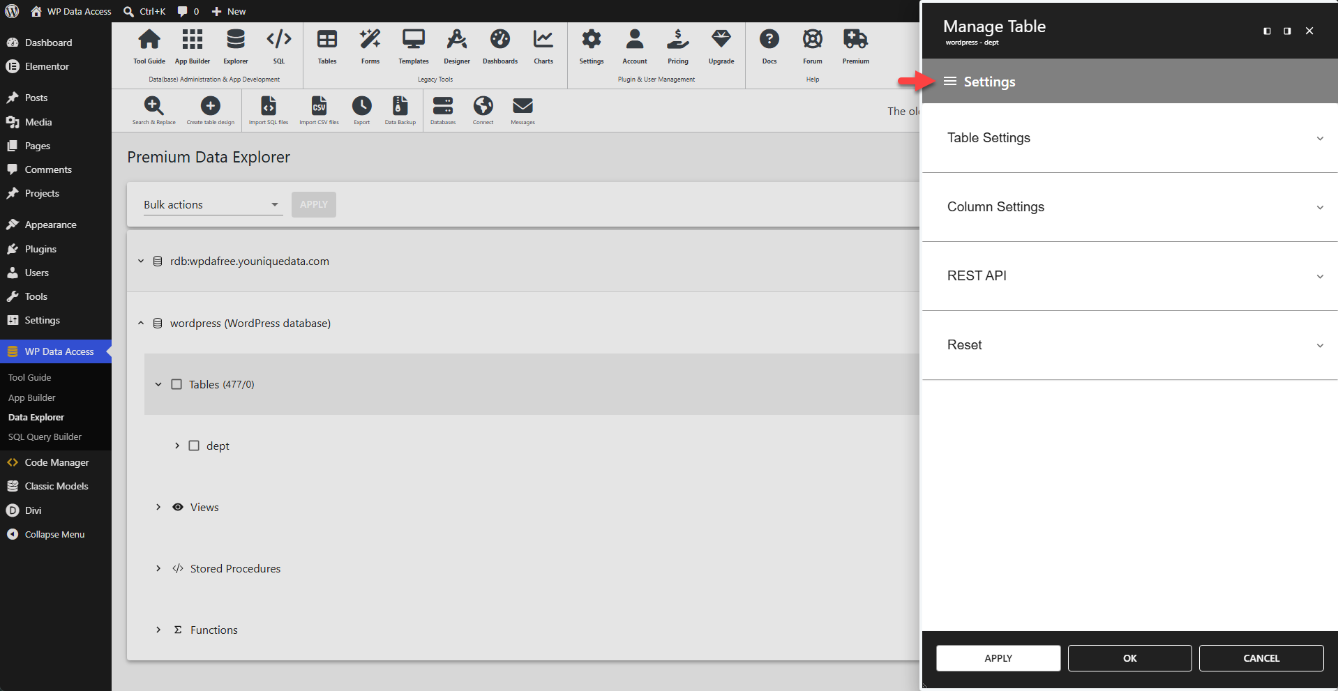 WP Data Access - Data Explorer - Table Manager - Settings Menu