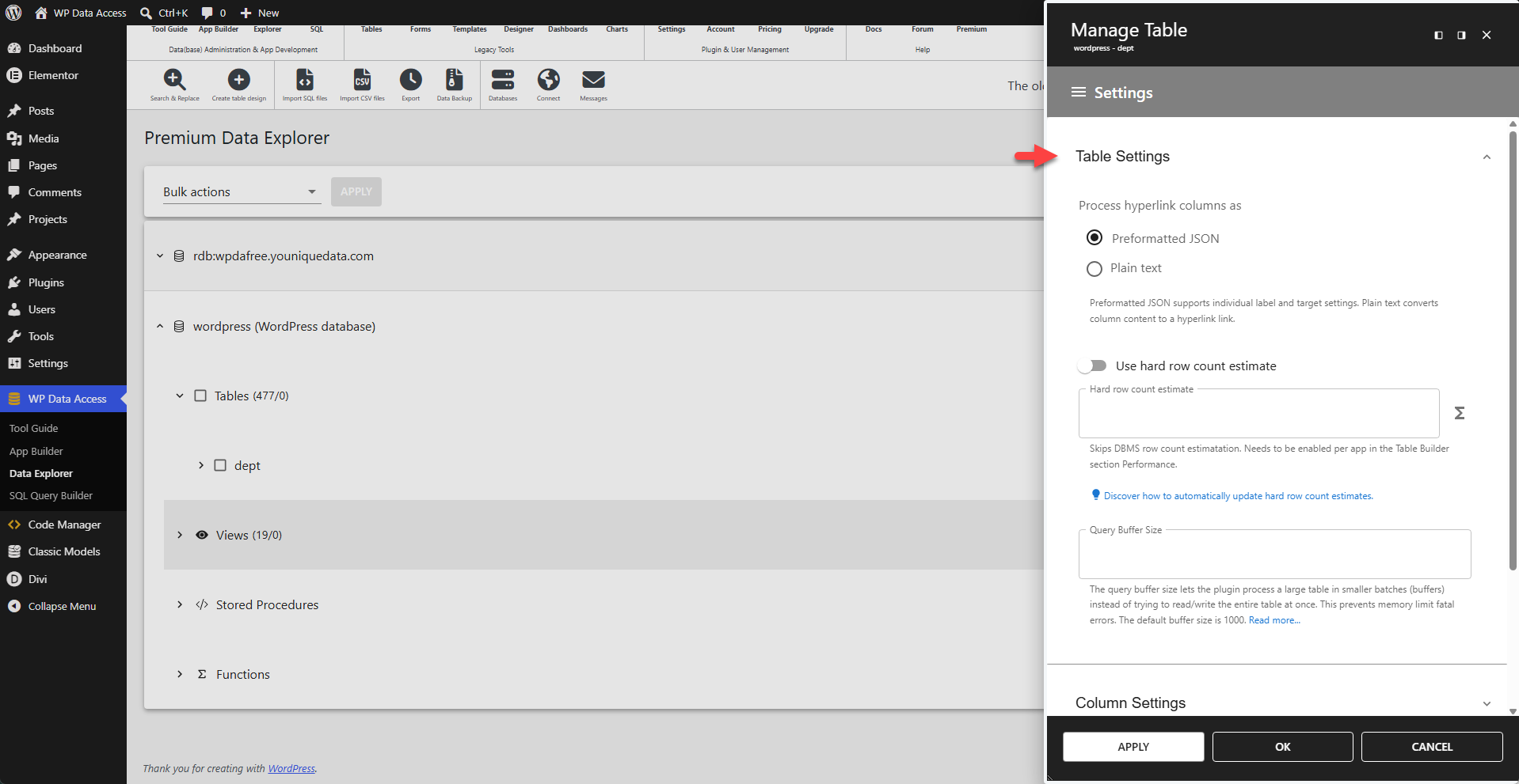 WP Data Access - Data Explorer - Table Manager - Table Settings