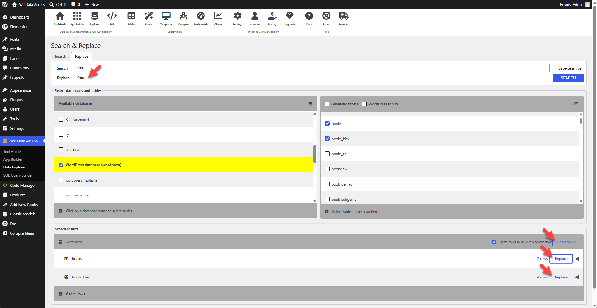 WP Data Access - Data Explorer - Search & Replace - Rows
